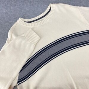 St‎ Johns Bay Womens Sweater Large Cream Knit Cotton Striped Crew Neck Preppy